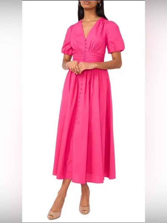 CeCe Dresses & Skirts - CECE DUPRAZ Ruched Waist V-Neck Short Puff Sleeve Cotton Maxi Dress NWOT